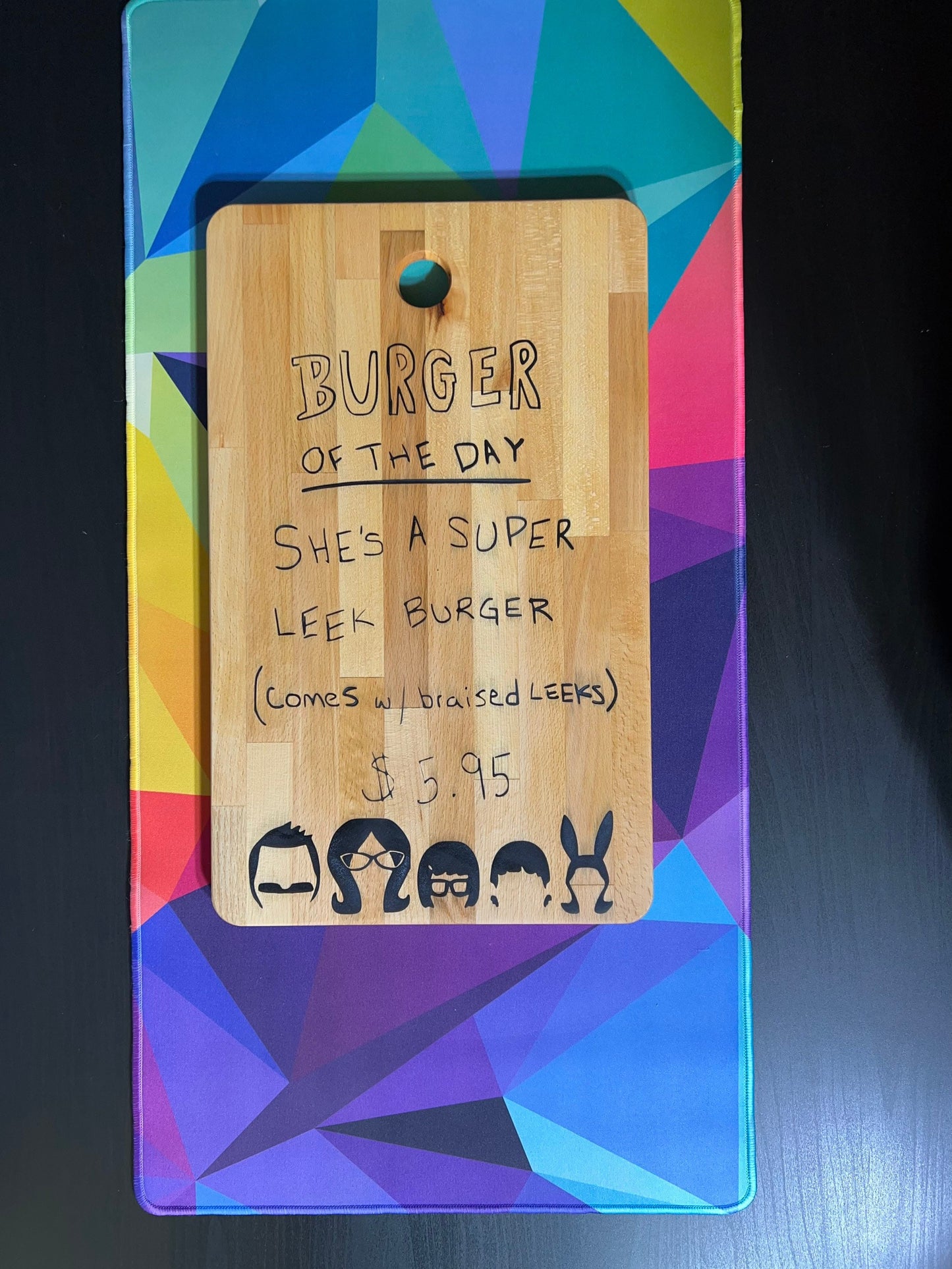 Bob’s Burgers charcuterie board with epoxy inlay